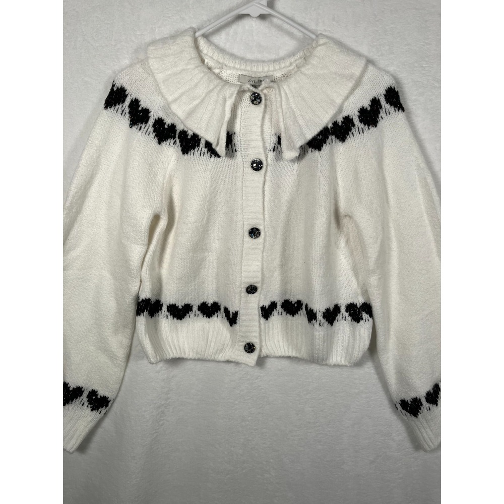 Love Tree White Heart Cardigan Sweater Large Metallic Thread Whimsy Romantic NEW
